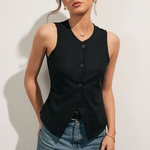 NWT Commense Black Linen Top Blend Sleeveless Button Front Tank Vest Size Medium